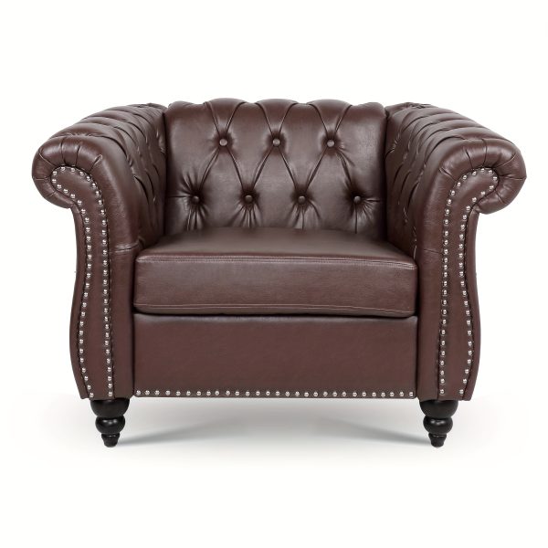 Wide Seat Wide Rolled Arm Sofa with Nailhead Trim And Wooden Legs, Retro Style Upholstered Single Sofa for Living Room, Bedroom, Dark Brown PU - Image 6