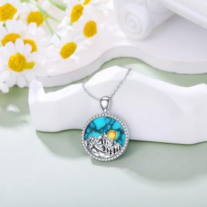 Natural Turquoise Mountain Necklace For Women 925 Sterling Silver Mountain With Sun Pendant Necklace Genuine Turquoise Jewelry Gifts For Wife Hikers