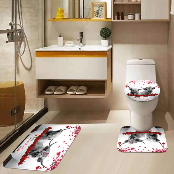 Valentine'S Day Highland Cow Bathroom Set with Hooks, Water-Resistant Polyester Decor, Non-Slip Mats, Toilet Cover, Ultra-Soft Towels, Hand Washcloths, Fashion Animal Love Theme Bath Accessories - 1pc/2pcs/4pcs/6pcs - Image 6