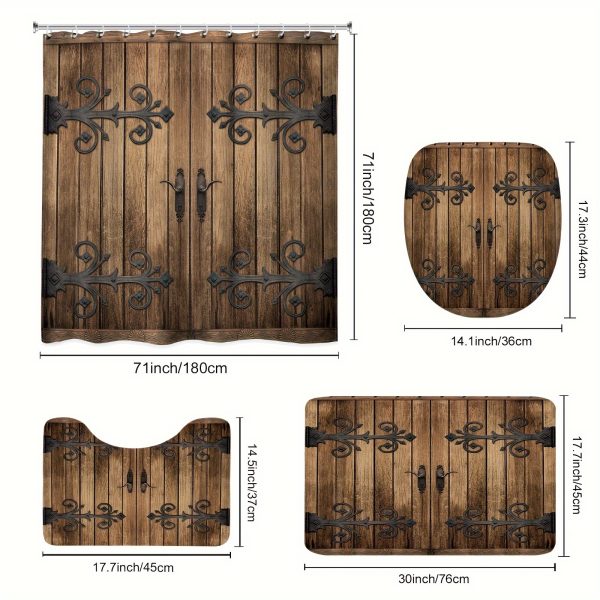1/4pcs Rustic Barn Door Shower Curtain Set, Vintage Farmhouse Western Metallic Wooden Plank Cabin Barnwood Retro Country Modern Waterproof Shower Curtain With 12 Hooks, Non-slip Bathroom Mat, Toilet U-shaped Mat, Cover Mat, Home Decor - Image 6