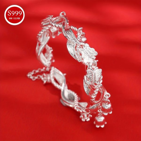 1pc Elegant 999 Sterling Silver Butterfly Bell Open Cuff Bracelet, Adjustable Fashion Jewelry for Women, Ideal for Daily Wear & Gifting, All-Season Accessory, Chinese Style, Birthday, 35g/1.23oz, Elegant Style - Image 4