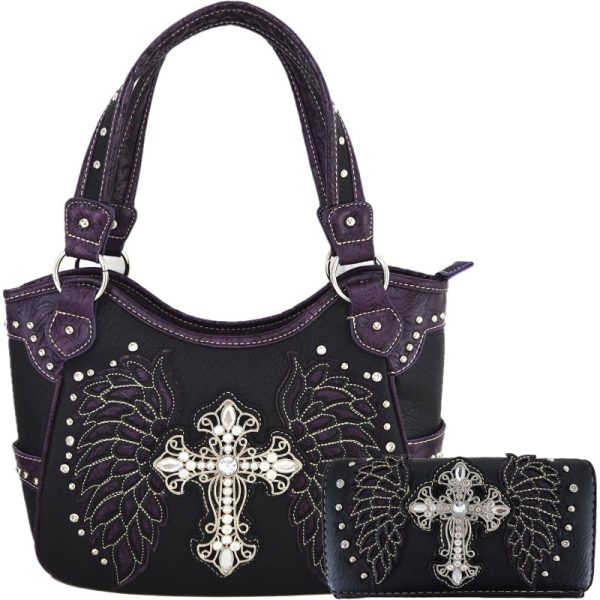 Western Chic Rhinestone Cross & Laser-Cut Wings Embossed Faux Leather Tote with Matching Wallet - Fashionable Shoulder Bag Set for Women - Image 7