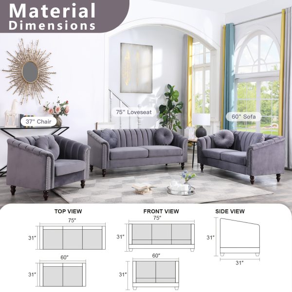 [The Yard]Chesterfield Sofa Set, Luxurious Flannel Upholstered Couch Set With Rolled Arms And Rivet Trim, 3-Piece Living Room Furniture Set Including Sofa, Loveseat, And Armchair, Button Tufted Cushions, Modern Classic Style Sofa For Home Or Office - Image 10