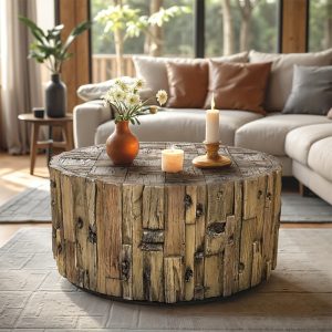 18.5" H Farmhouse Barrel Shaped Round Coffee Table For Indoors And Outdoors, Round Coffee Table For Living Room, Small Side Table Tea Table End Table