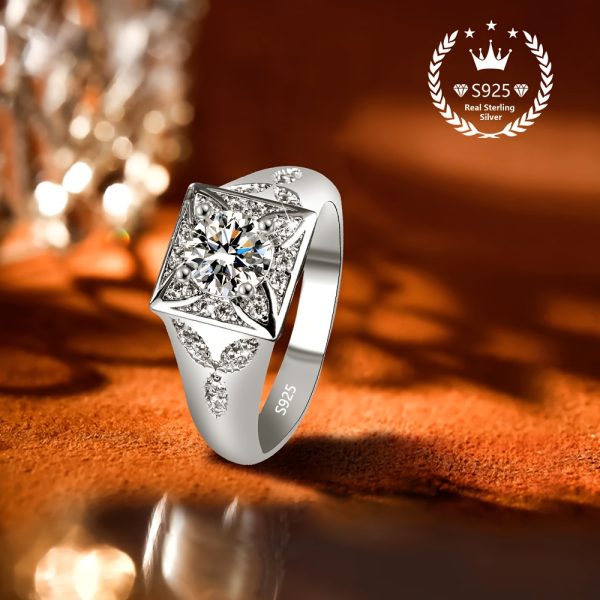 1pc S925 Men's Pure Silvery Ring, Simple and Elegant Design, Suitable for Attending Parties, Gatherings, Daily Wear, Gift Giving, Halloween, Christmas Eve, etc., 3 Carat Moissanite, Silvery Weight 0.32 oz - Image 3