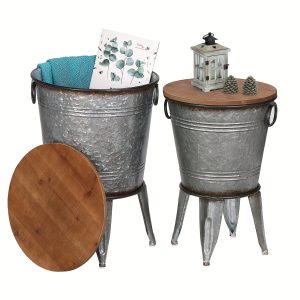 Set Of 2 Rustic Farmhouse End Tables, Antique Galvanized Metal Nesting Accent Side Tables With Round Wood Lids for restaurant