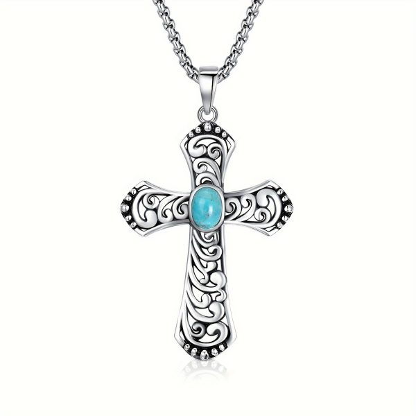 Bohemian Vintage Turquoise Cross Pendant Necklace for Women, 925 Sterling Silver with Vine Pattern, Gift Jewelry, Includes 18"+2" Stainless Steel Box Chain, Necklace - Image 2
