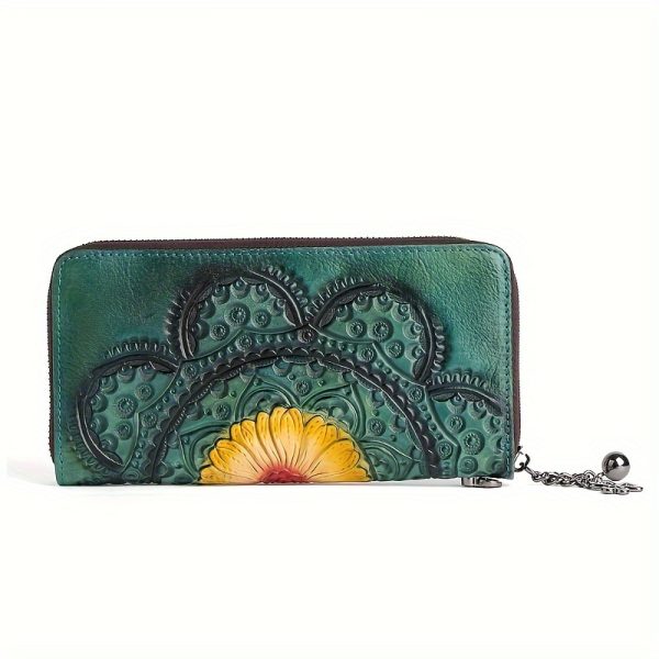 Planted Tanned Leather, Top Layer Cowhide, Genuine Leather, Women's Wallet, Mobile Phone Bag, Hand-held Bag, Embossed, Handmade, Hand-painted, Retro Style, Lightweight, Practical For Travel, Inner Compartment Made Of Top Layer Cowhide - Image 9
