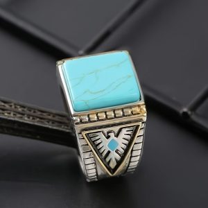 Bohemian Vintage Eagle Turquoise Ring for Men - Hand Carved Classic Zinc Alloy with Natural Stone, Non-Plated Single Ring Jewelry