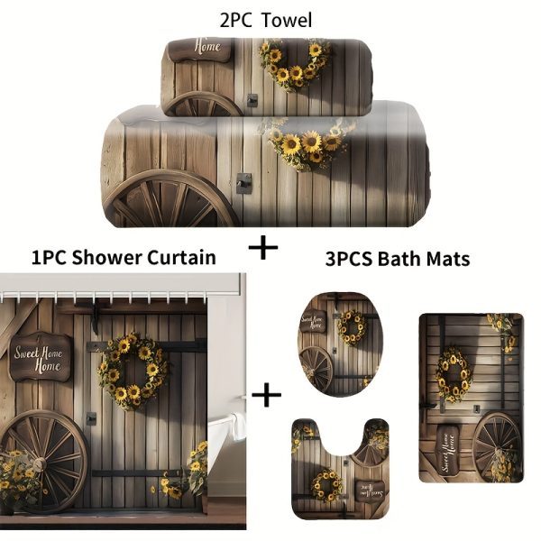 Rustic Sunflower "Sweet Home" Bathroom Set - 1pc/2pcs/4pcs/6pcs Polyester Shower Curtain with 12 Hooks, Water-Resistant Woven Bath Mat, Toilet Cover, Quick-Absorbent Towels, Fashion Themed Kitchen Dish Towel, Non-Bleach Care, Farmhouse Decor Accessories - Image 8