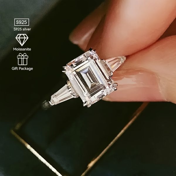 Charming Ideal Jade Cut Moissanite Ring Women' S 4ct Three Stone Moissanite Engagement Ring Sterling Silver Platinum Plated Anniversary Wedding Ring, Greystone, Moissanite - Image 3