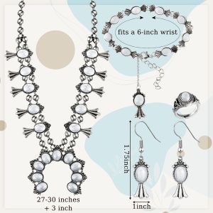 4pcs Turquoise Squash Blossom Jewelry Set for Women Vintage Western Necklace Earrings Wrist Chain Ring