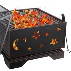 Fire Pit Wood Burning Fire Pit, Easy To Assemble, Sturdy Steel Constructionn, Large Cooking Area For BBQ, Backyard Black And Party