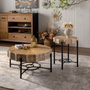 31.5 "Vintage Patchwork Lace Shape Coffee Table with Natural Pine Grain Table Top and Dimpled Metal Cross Legs Cedar Coffee Table Set Set of 2