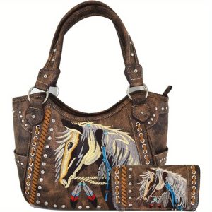 Western Cowgirl Chic Tote Bag Set with Horse Embellishment - Spacious Shoulder Handbag & Matching Wallet, Laser-Cut Design, Zip Closure