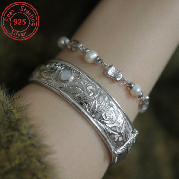 S925 Sterling Silvery Embossed Flower Wide-Face Bracelet - Niche Exquisite Style - Perfect for Everyday Wear And Parties - Perfect Gift for Mom And Girlfriend - Image 3