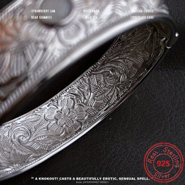 S925 Sterling Silvery Embossed Flower Wide-Face Bracelet - Niche Exquisite Style - Perfect for Everyday Wear And Parties - Perfect Gift for Mom And Girlfriend - Image 5