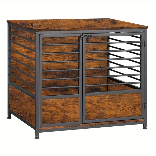 1pc Rustic Wooden Dog Crate Furniture with Metal Frame, Scratch-Resistant End Table, Secure Latch, Adjustable Feet, Indoor Pet Cage House for Small/Medium Dogs - Image 6