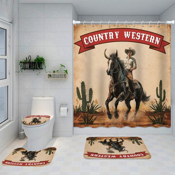 1pc/4pcs Western Cowboy Waterproof Bathroom Decor Set, Polyester Woven Fabric, Fashionable Country Western Theme, Washable, with Non-Slip Rug, Toilet Cover, and 12 Hooks - Image 9