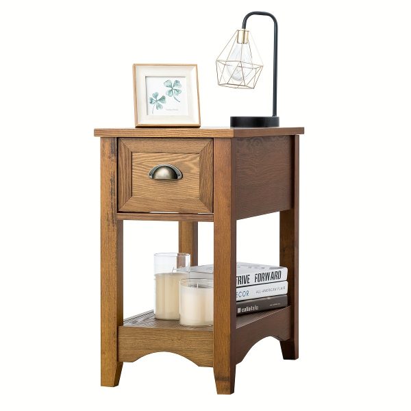1pc Compact Rustic Wooden Nightstand End Table - Modern Farmhouse Style, Tawny Finish, Spacious Drawer, Sturdy Legs - Perfect for Home Decor, Bedroom, Living Room, 22" L X 13" W X 23" H - Image 2