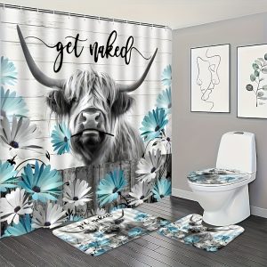 Highland Cow Shower Curtain Set with Hooks, Water-Resistant Polyester Cartoon Animal Farmhouse Bathroom Decor, Gray Daisy Country Rustic Wooden Fence Get Naked Quote, All-Season Knit Fabric Curtain with Cattle Theme, 4-Piece Bundle Including Hook and Mat