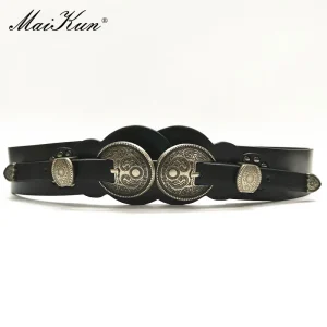 Maikun Women's Double Buckle PU Belt Vintage Carved Decorative All-Match Female Belt