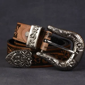 3.3cm Vintage emboss flower belt Handmade cowboy belt genuine leather pin buckle strap chunk buckle male cowhide trousers belt