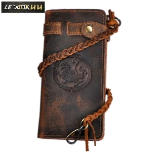 Retro crazy horse leather handmade male long designer Casual Chain wallet fashion male multi-layer day clutch bag Purse 3377