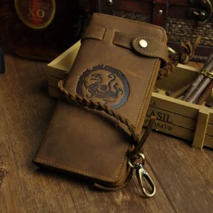 Cattle Male Organizal Crazy Horse Real leather Design Checkbook Chain Wallet Purse Clutch Handbag For Men 3377