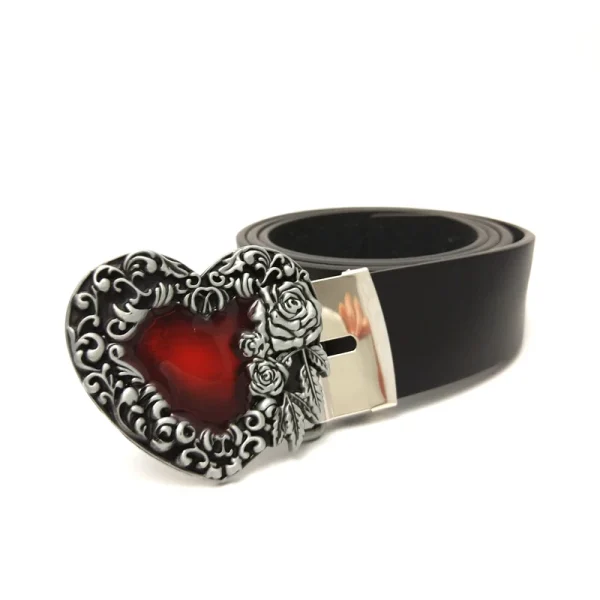 Casual Men Waist Hip Belts with Vintage Antique Silver Rose 3D Heart Red Stone Inlay Metal Buckle for Casual Jeans Male Accessor - Image 5