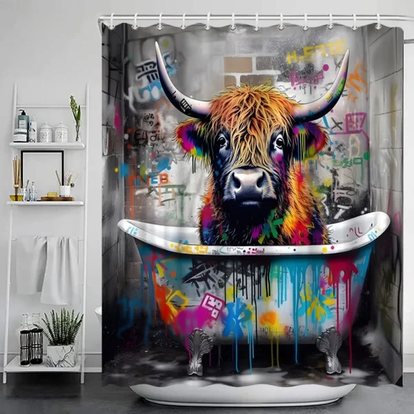 Funny Highland Cow Shower Curtain Set Western Bull Portrait Brown Wooden Panel Non-Slip Carpet Toilet Cover Bathroom Decorative - Image 36