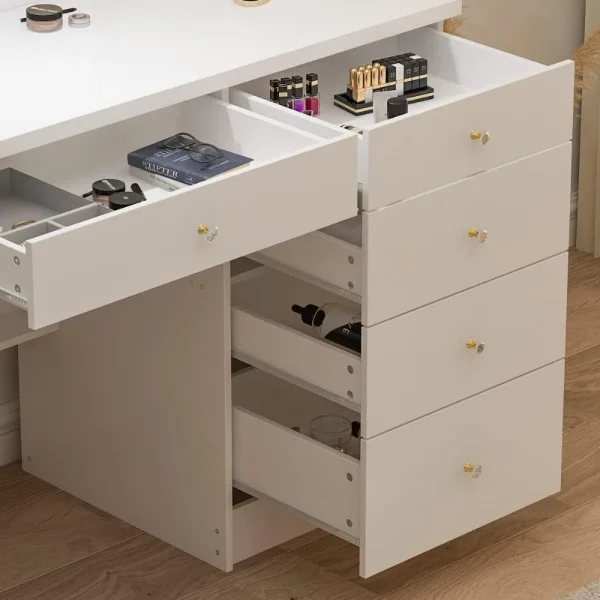 Vanity Set Makeup Vanity Dressing Table with Sliding Lighted Mirror, 5 Drawers, Dresser Desk and Cushioned Stool Set (White A) - Image 5