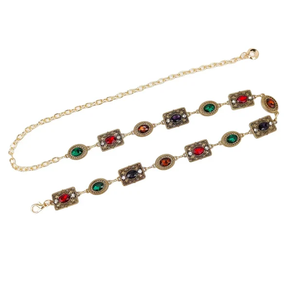 Light luxury style high-grade retro carved waist chain Bohemian turquoise rhinestone jewel belt fashion dress decoration - Image 2