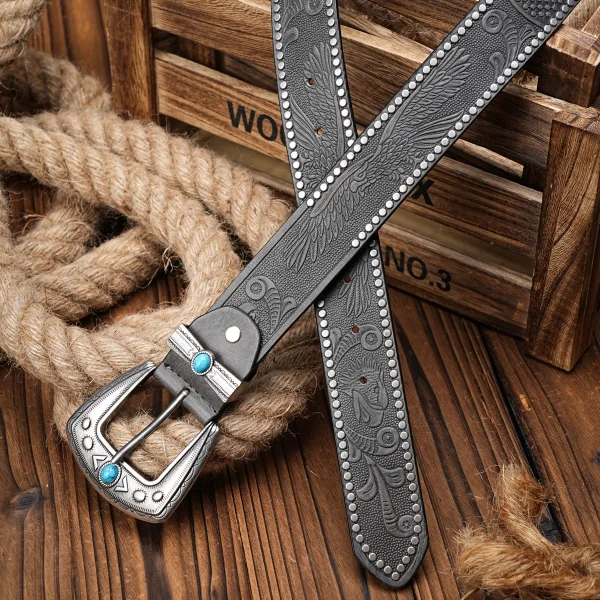 Men Women-Western-Cowboy-PU Leather-Belts - Vintage Belt Floral Engraved Buckle Belt for Jeans - Image 8