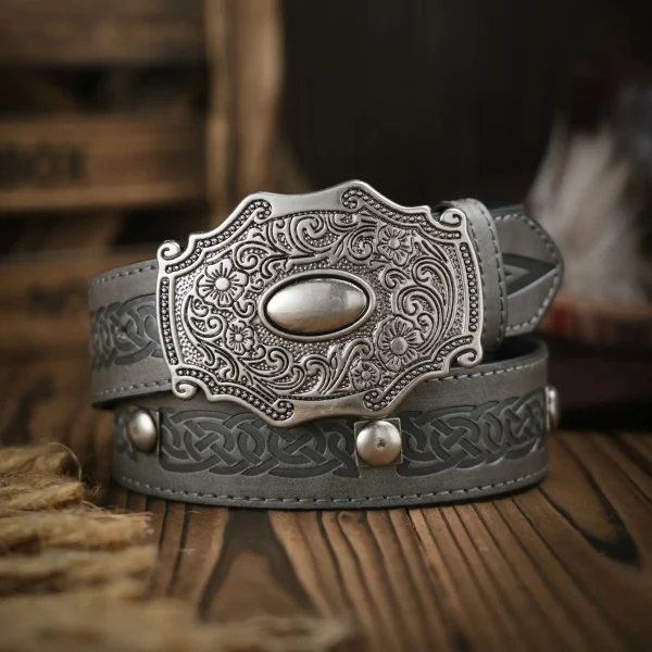Western Cowboy PU Leather Belt - Men Waist Strap Bull Decoration Floral Engraved for Jeans - Image 4
