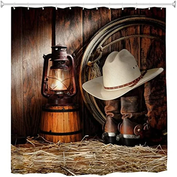 Western Cowboy Bathroom Shower Curtain And Rug Set Brown Barn Wood Panels Vintage Rustic Farmhouse Bathroom Decor Non-Slip Mat - Image 2