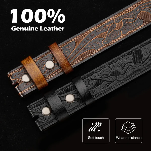 BISON DENIM Mens Belt Western Embossed Genuine Leather Men Cowboy Belts With Longhorn Bull Buckle Pattern Floral Belt For Men - Image 2
