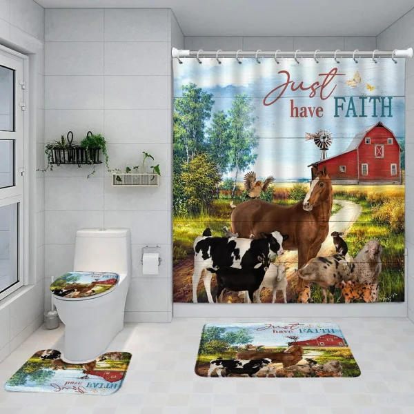 Funny Highland Cow Shower Curtain Set Western Bull Portrait Brown Wooden Panel Non-Slip Carpet Toilet Cover Bathroom Decorative - Image 10