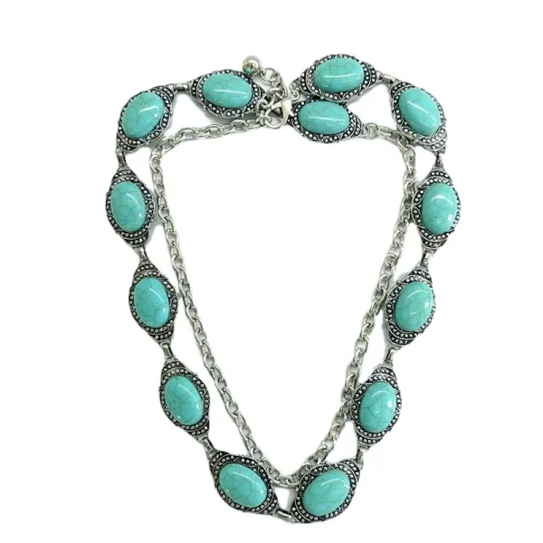 Bohemia Western Oval Concho Big Turquoise Stone Chain Belt Silvertone Metal WaistChain Retro Boho Cowgirl Outfit Accessor Cowboy - Image 4