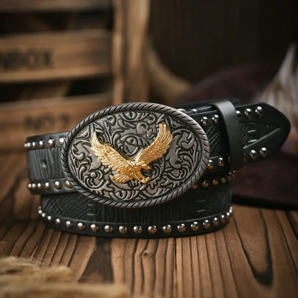 Western Cowboy PU Leather Belt - Men Waist Strap Bull Decoration Floral Engraved for Jeans - Image 6