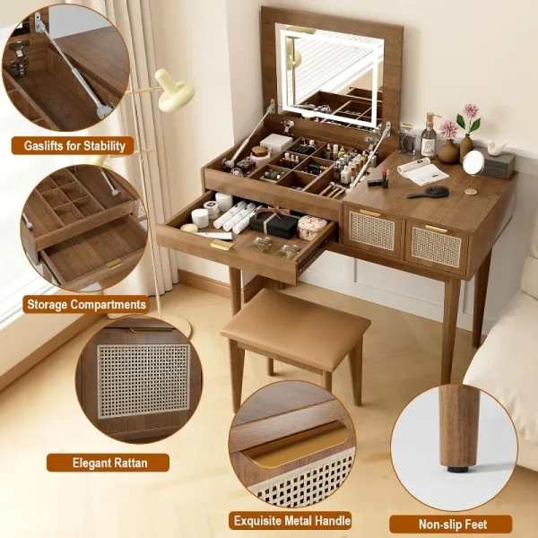Vanity Desk with LED Lighted Mirror, Desktop Openable Dresser,Makeup Table with Drawers & Cabinet,Storage Stool,for Bedroom - Image 3