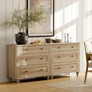 Dresser for Bedroom with 6 Drawers,  with Wide Chest of Drawers, Modern Wooden Closet , Wood Dressers for Living Room, Nursery