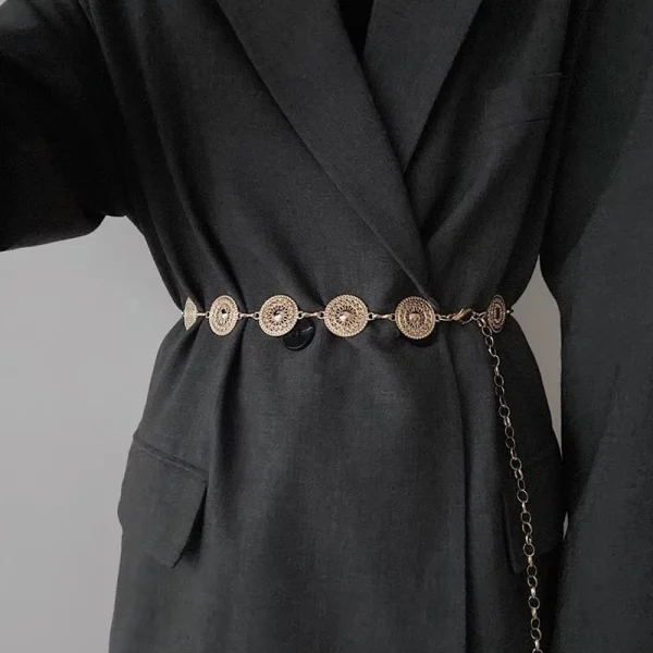 Gold Adjustable Buckle Long Waist Belt Dress Body Chain Fashion For Women Vintage Openwork Metal - Image 2