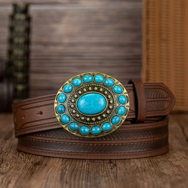 Red sapphire oval big plate buckle simple matching stripe PU embossed button belt - Image 5