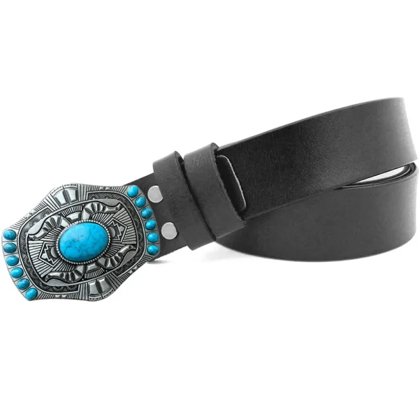Natural Blue Stone Big Buckles Belts for Men Western Cowboys Genuine Leather Women Belts - Image 2