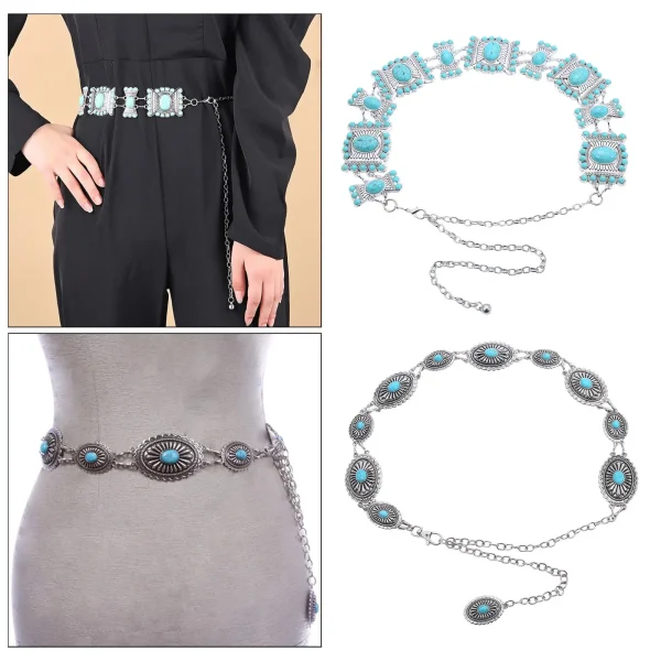 Beach Carved Flower Tribal Tassel Waist Chain Beads Natural Turquoise Chain - Image 4