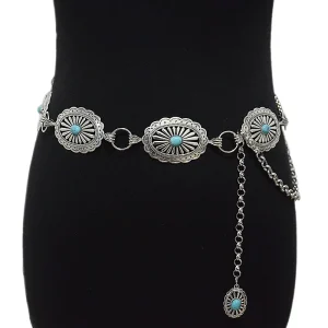 Western Concho Chain Belt For Women Girl Bohemia Turquoise Chain Belt Adjustable Metal Belt For Cowgirl Dresses Jeans Western Je