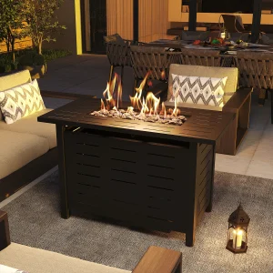 Aoxun 40 inch Outdoor Propane Fire Pit 50,000 BTU with Lid, Glass Wind Guard, Waterproof Cover, Rectangle Table for Garden/Patio