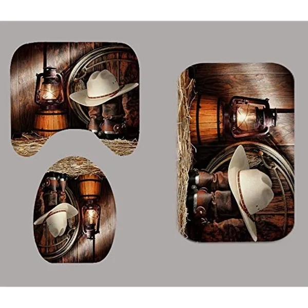 Western Cowboy Bathroom Shower Curtain And Rug Set Brown Barn Wood Panels Vintage Rustic Farmhouse Bathroom Decor Non-Slip Mat - Image 4