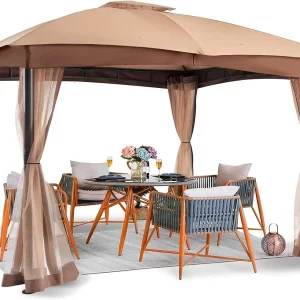 Double Vent Canopy Gazebo, Outdoor Gazebo with Privacy Netting, Easy Setup Patio Pavilion with Steel Frame Strong Legs for Lawn